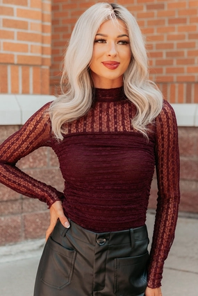 Laced In Fame Floral Mock Neck Lace Bodysuit (Baked Plum) Textured Fabric Finish