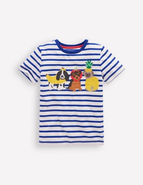 Short Sleeve Appliqu T-shirt-Bright Blue Stripe Fruit Dogs SnagFreeKnit