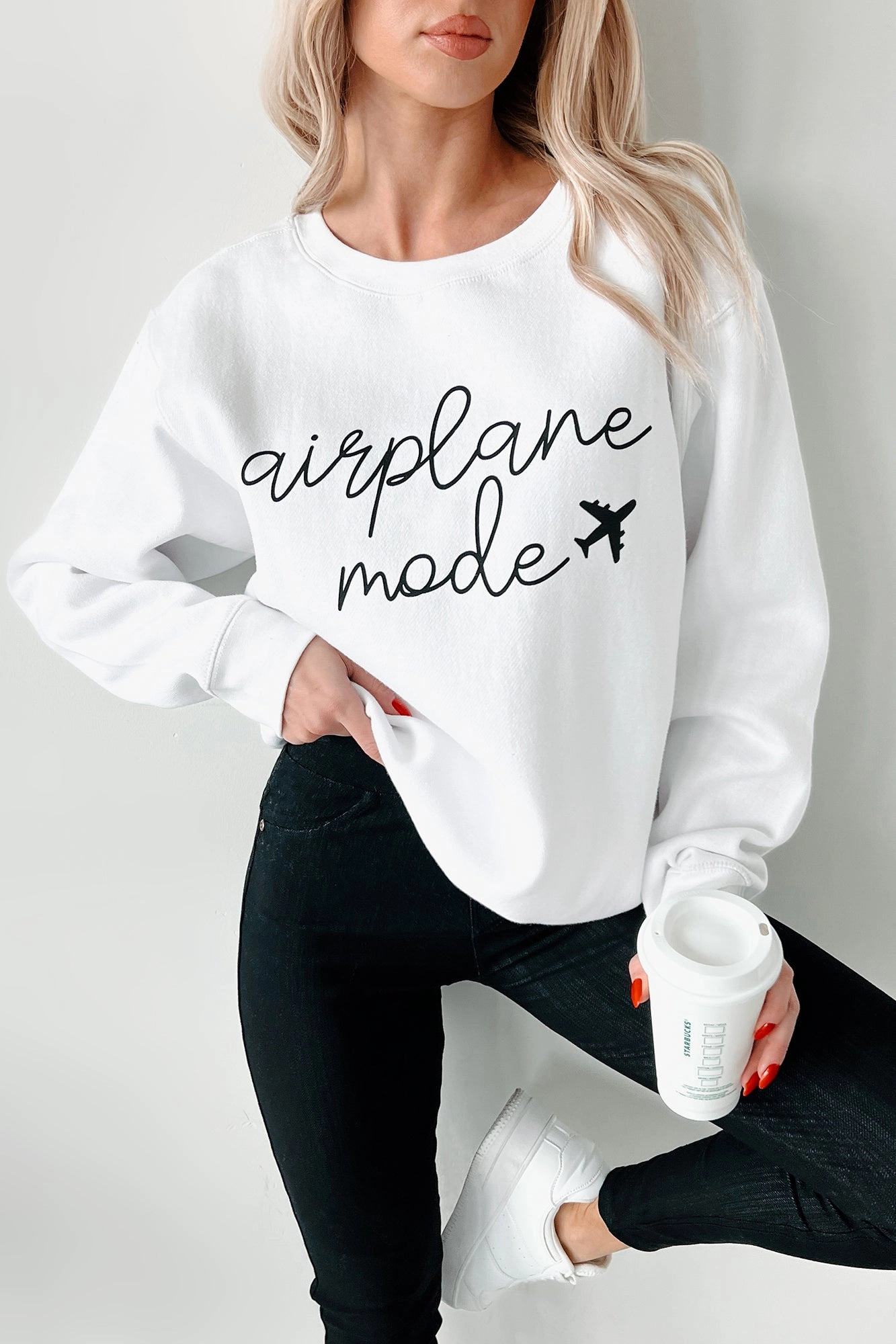 "Airplane Mode" Graphic Sweatshirt (White) AdjustableHemCuffs