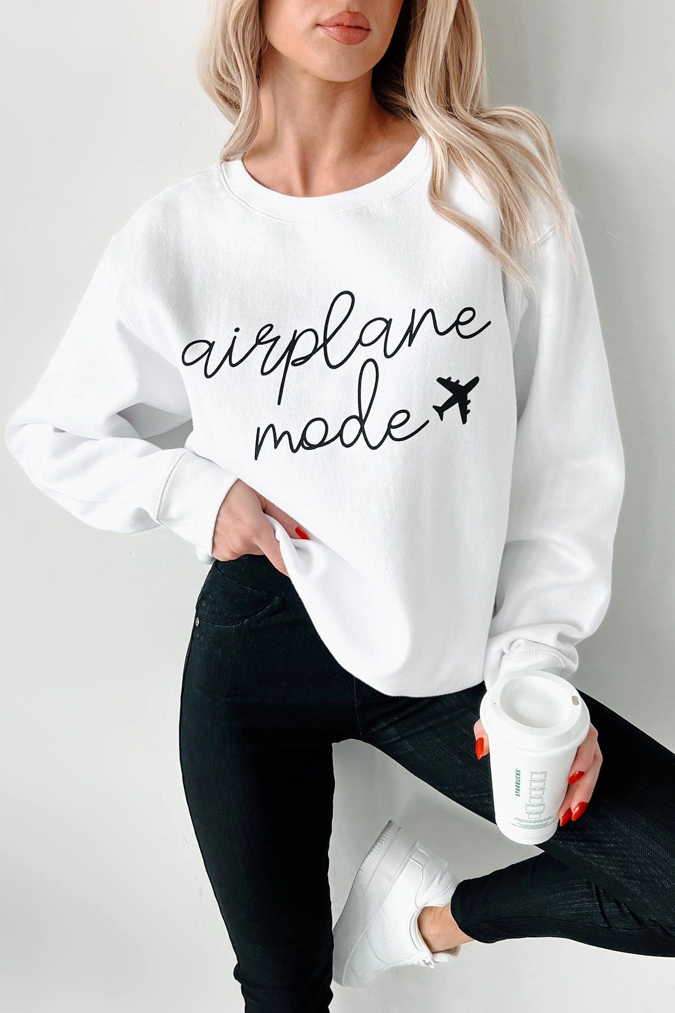 Ergonomic Pattern Design "Airplane Mode" Graphic Sweatshirt (White)