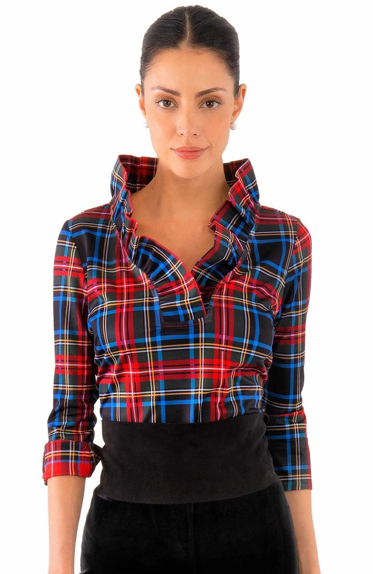 Gretchen Scott Ruffneck Top in Duke of York Black Fitted Style