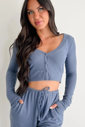 All Your Love Button Detail Long Sleeve Top (Dusty Navy) SnagProof Tailored Placket