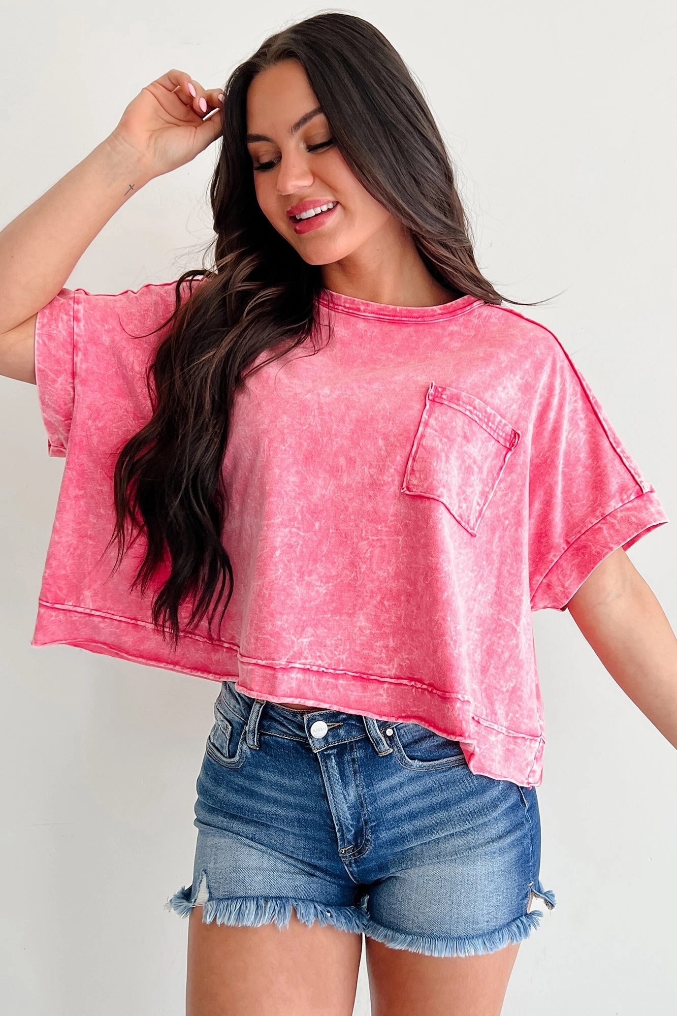 Lipstick & Lattes Short Sleeve Boxy Top (Fuchsia) FrenchTerryTexture