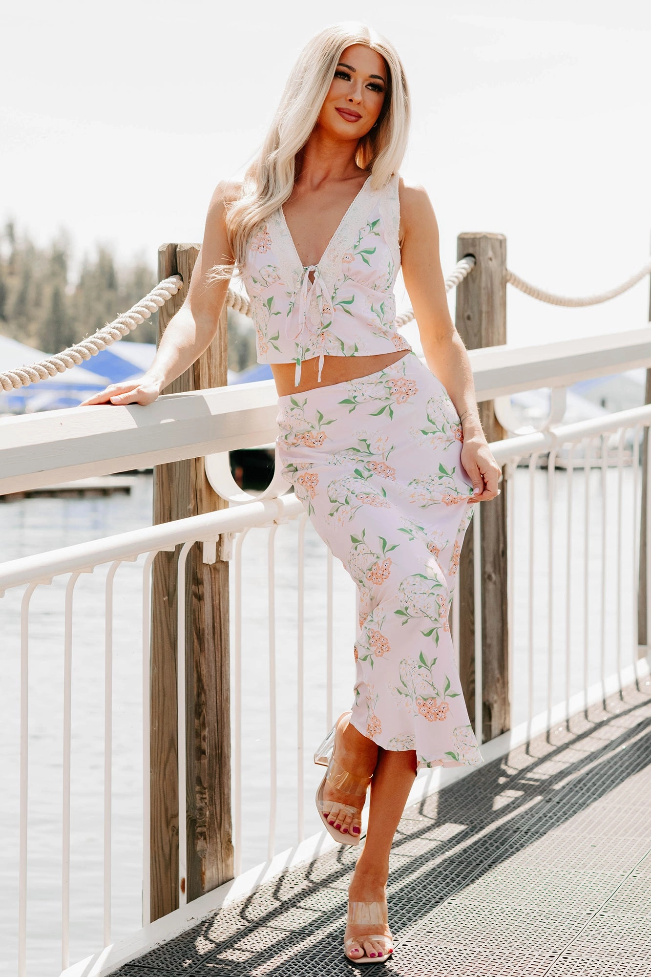 Always Beautiful Floral Satin Skirt (Baby Pink) WrinkleFreeFabric Stretch Layer Fit