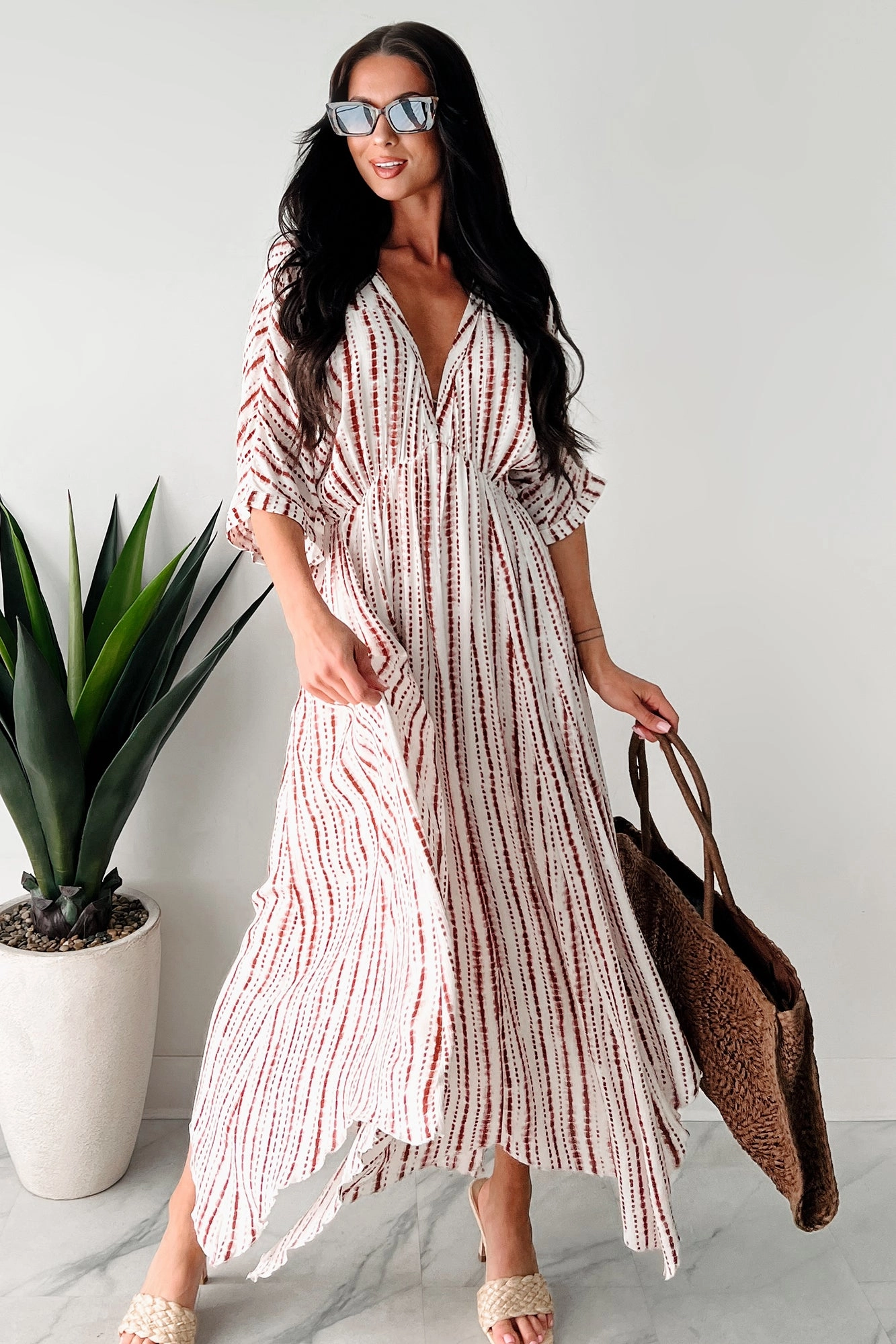 Amalfi Coast Striped Deep V Midi Dress (Ivory/Brown) Family Warm Chic Harmony