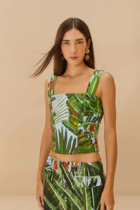 Amazonia Forest Blue Top Cropped Buttons DoubleLayered Neckline