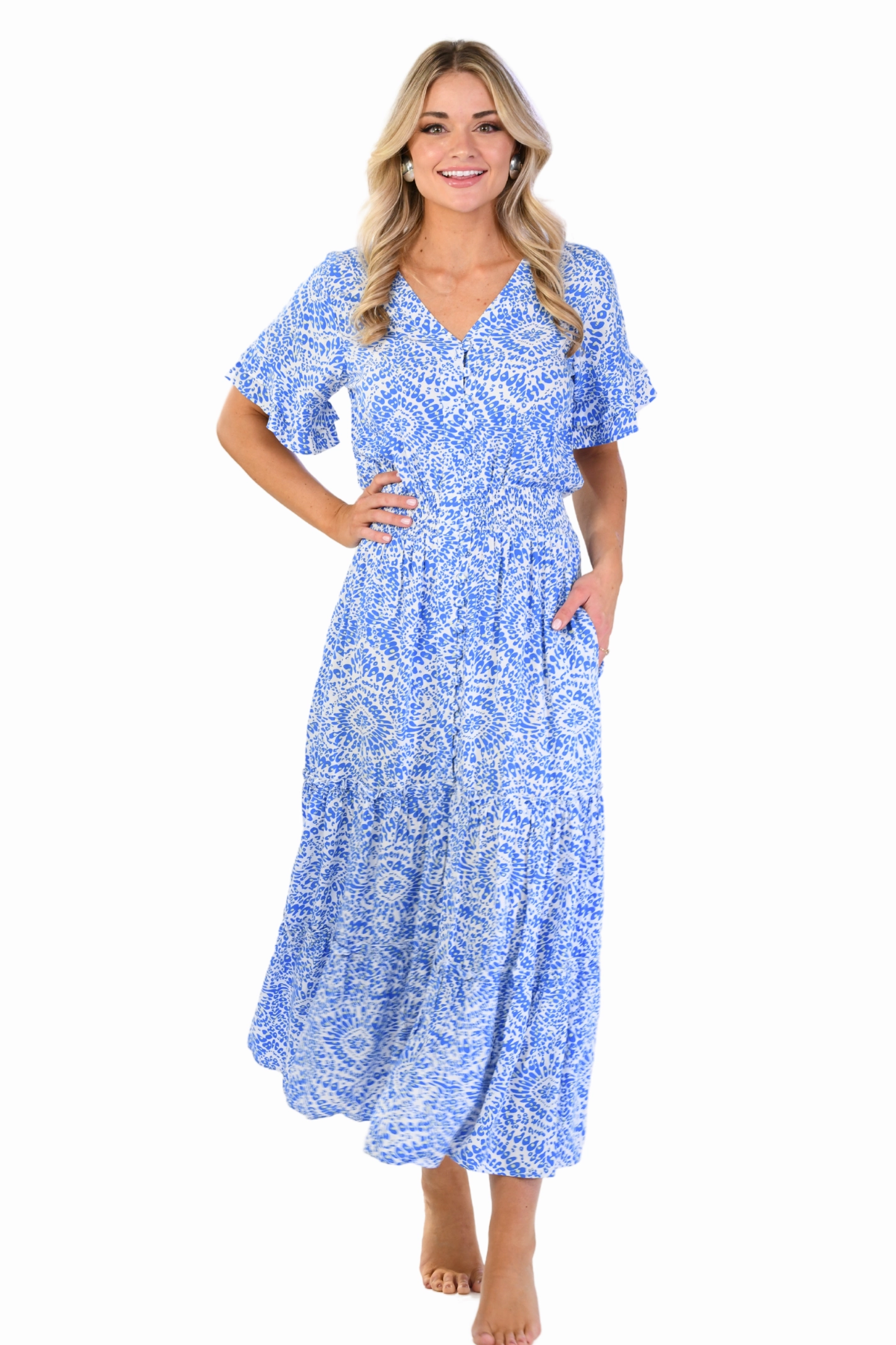 Christina Dress / Blue Firework Bright Feel Feminine off-the-shoulder gown