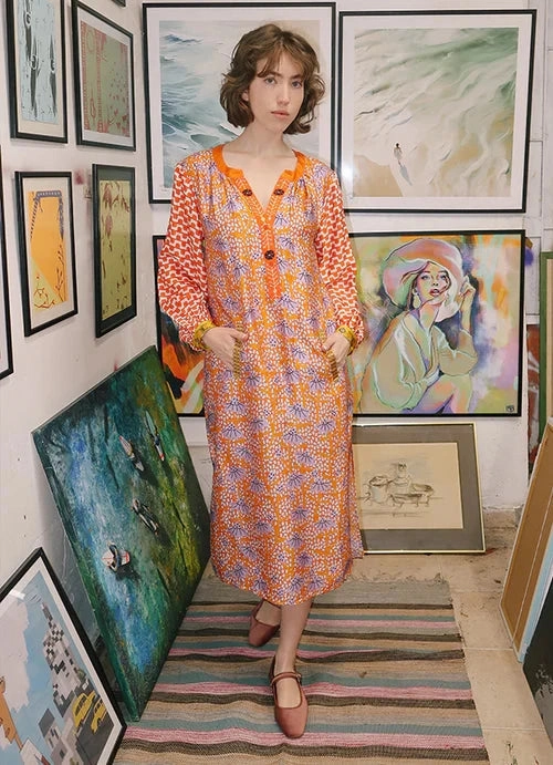 Asymmetrical hem Cozy Comfort Amelie Deep V-Neck Dress Dusty Gold