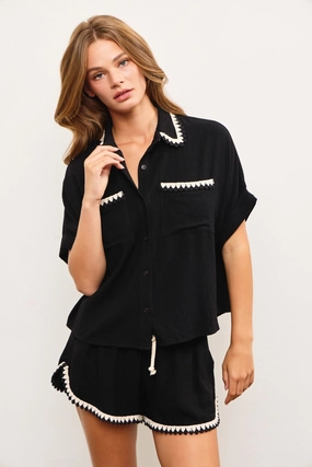 ANA WOVEN BUTTON-DOWN TOP Modern Polo