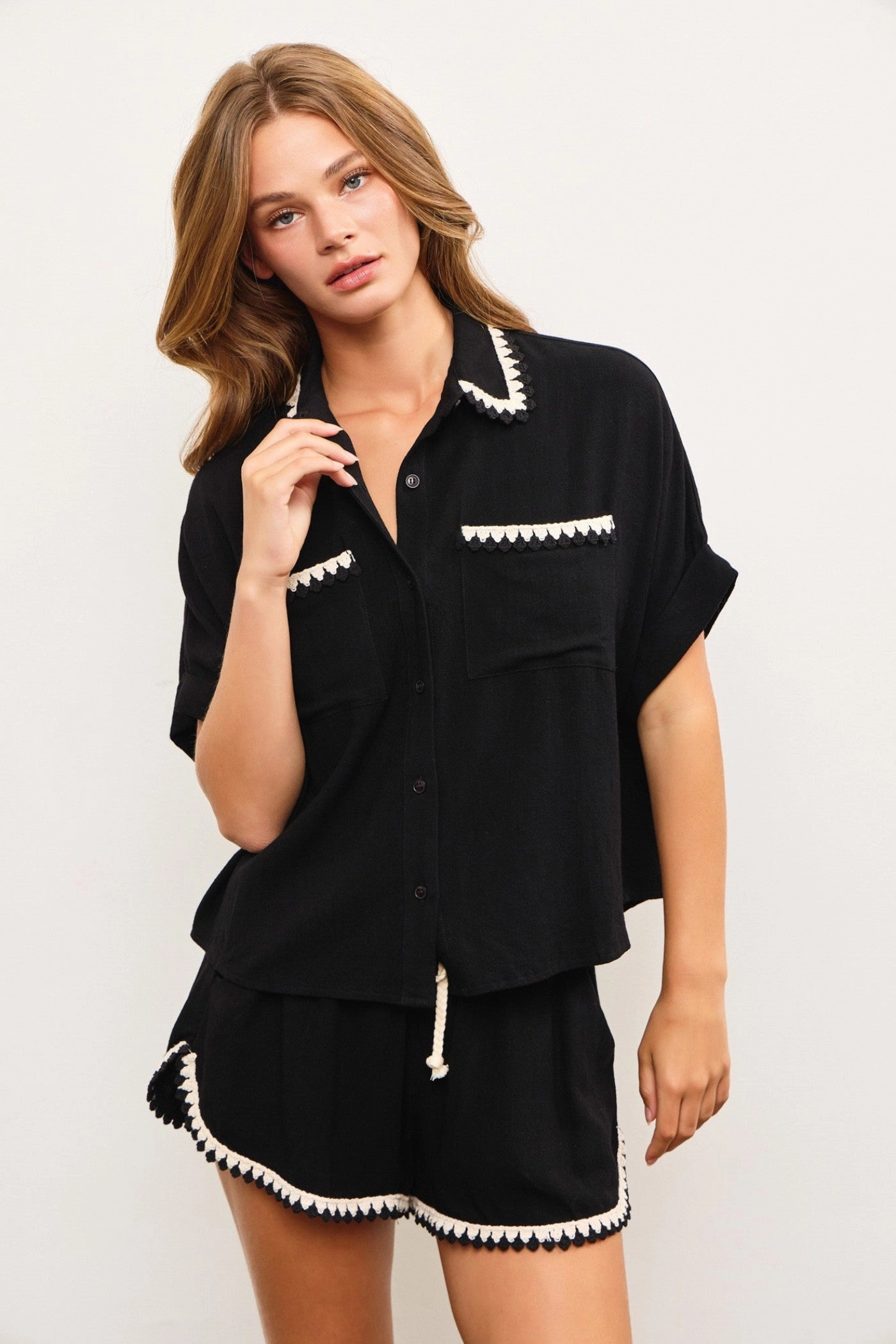 ANA WOVEN BUTTON-DOWN TOP Modern Polo