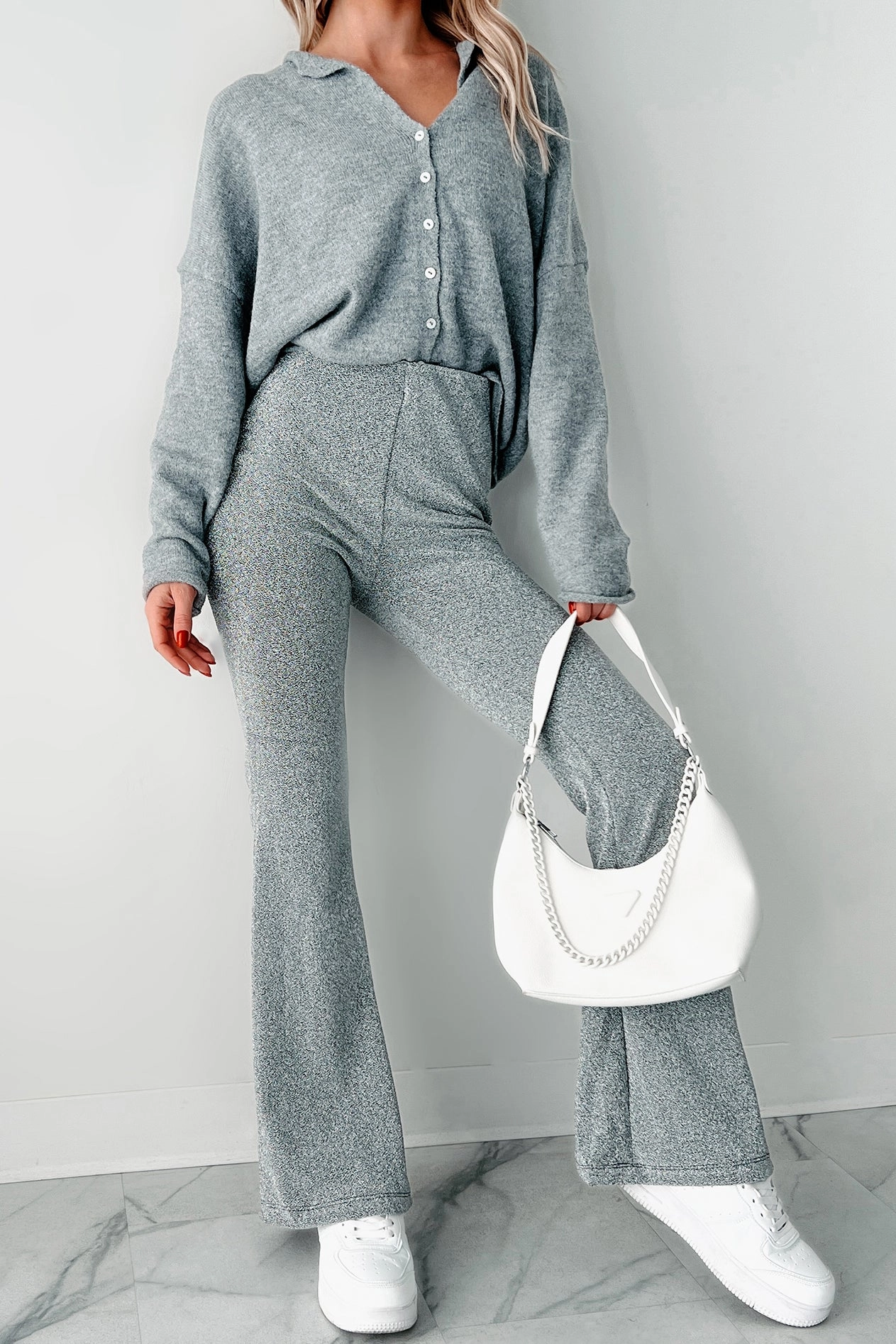 Breathable mesh No Sagging Anastasia Metallic Flare Pants (Silver)