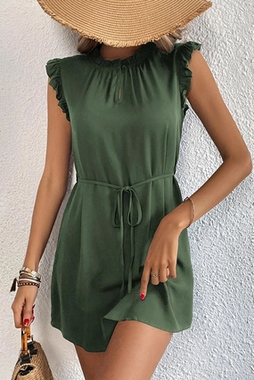 ANGEL WING SLEEVE WRINKLED NECK STRING WAIST DRESS Flattering Look Comfortable Layer