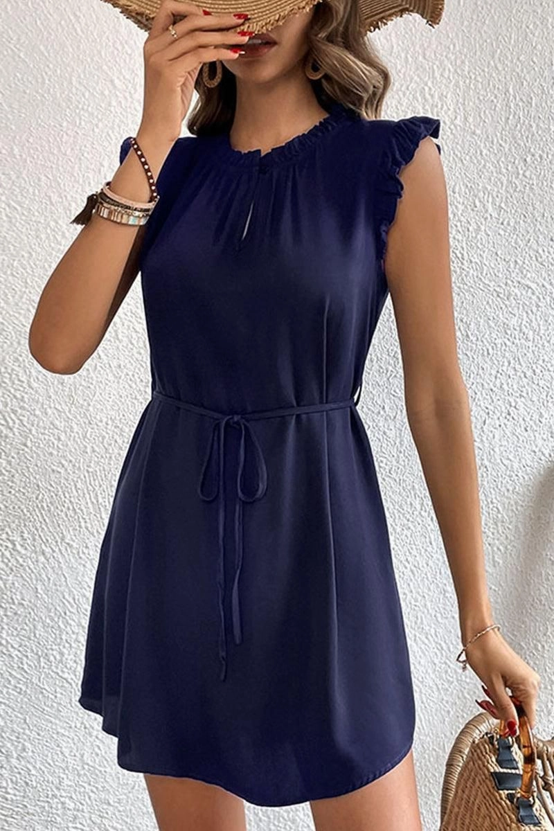 ANGEL WING SLEEVE WRINKLED NECK STRING WAIST DRESS City Flow Clean Touch