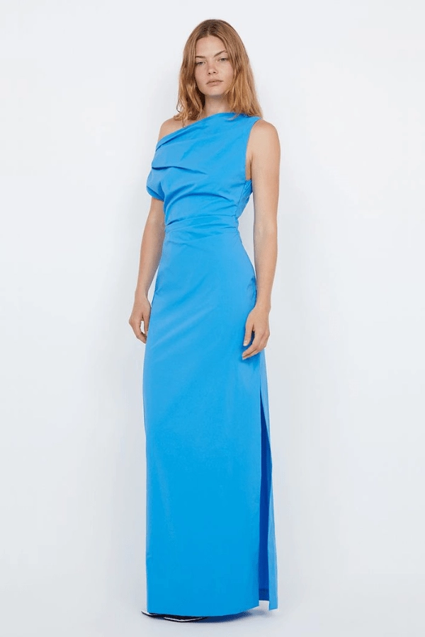 Angelina Asym Maxi Dress Mid Blue Airy Drape Work Fitwear