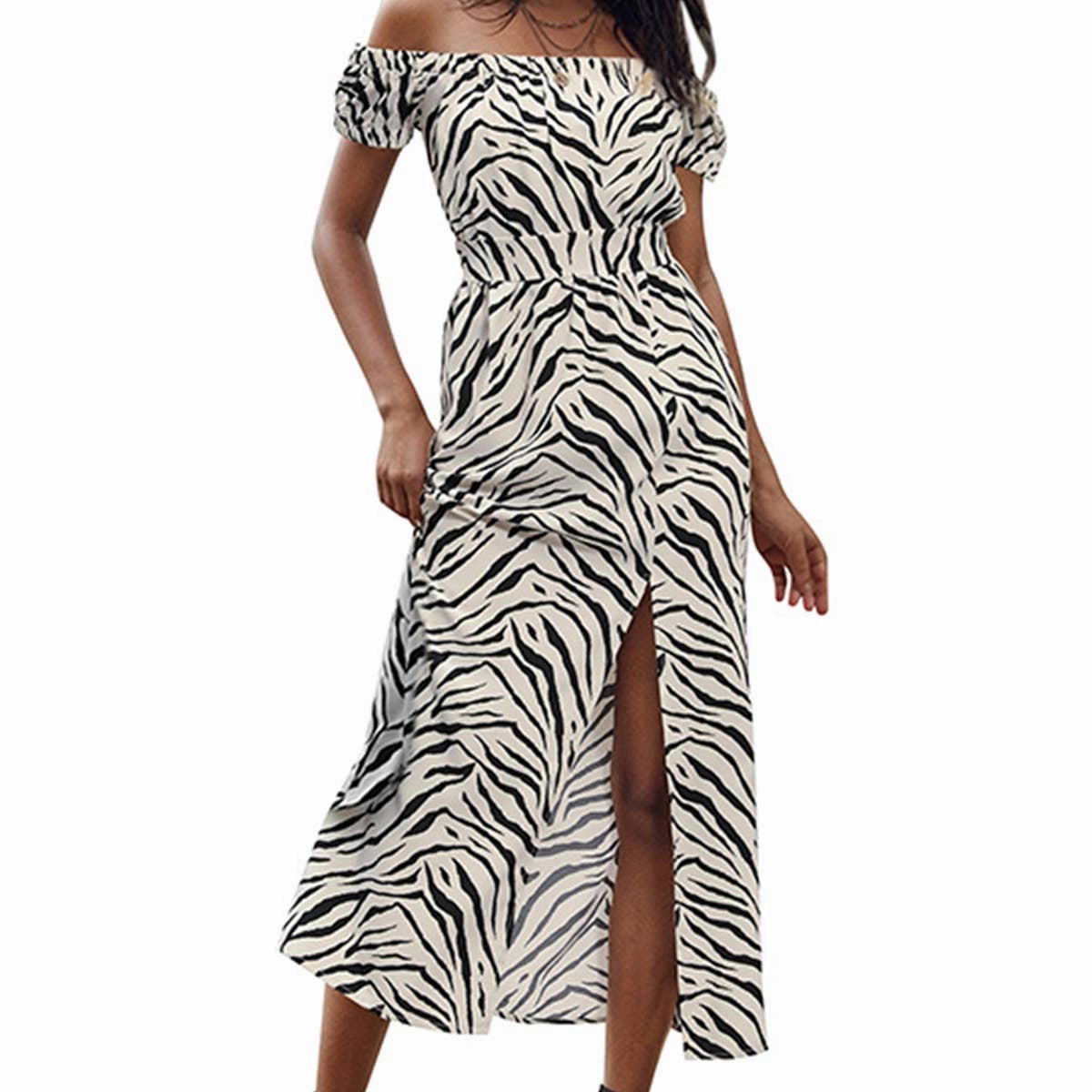 Limited-Edition Boho Aesthetic Animal print one line collar dress_CWDMD1477