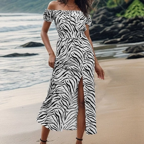 Vintage Vibe Animal print one line collar dress_CWDMD1477