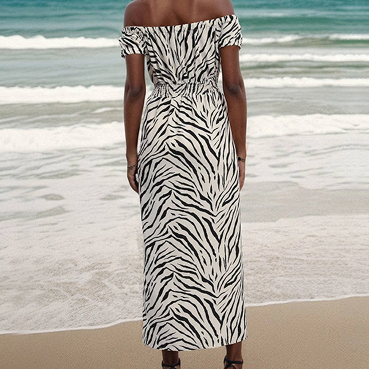 Animal print one line collar dress_CWDMD1477 Basic Cool Knot-Detail