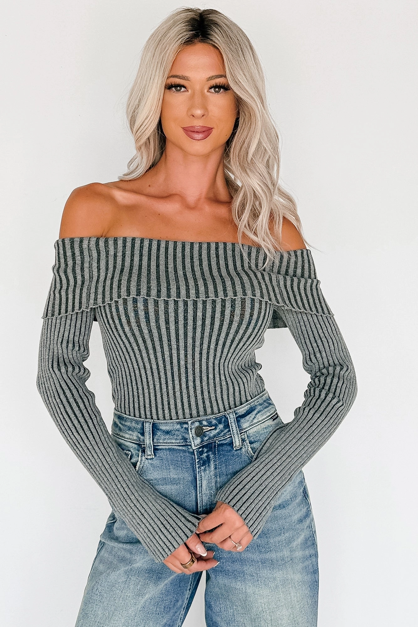 Steal The Moment Off The Shoulder Ribbed Knit Top (Charcoal) Active Design