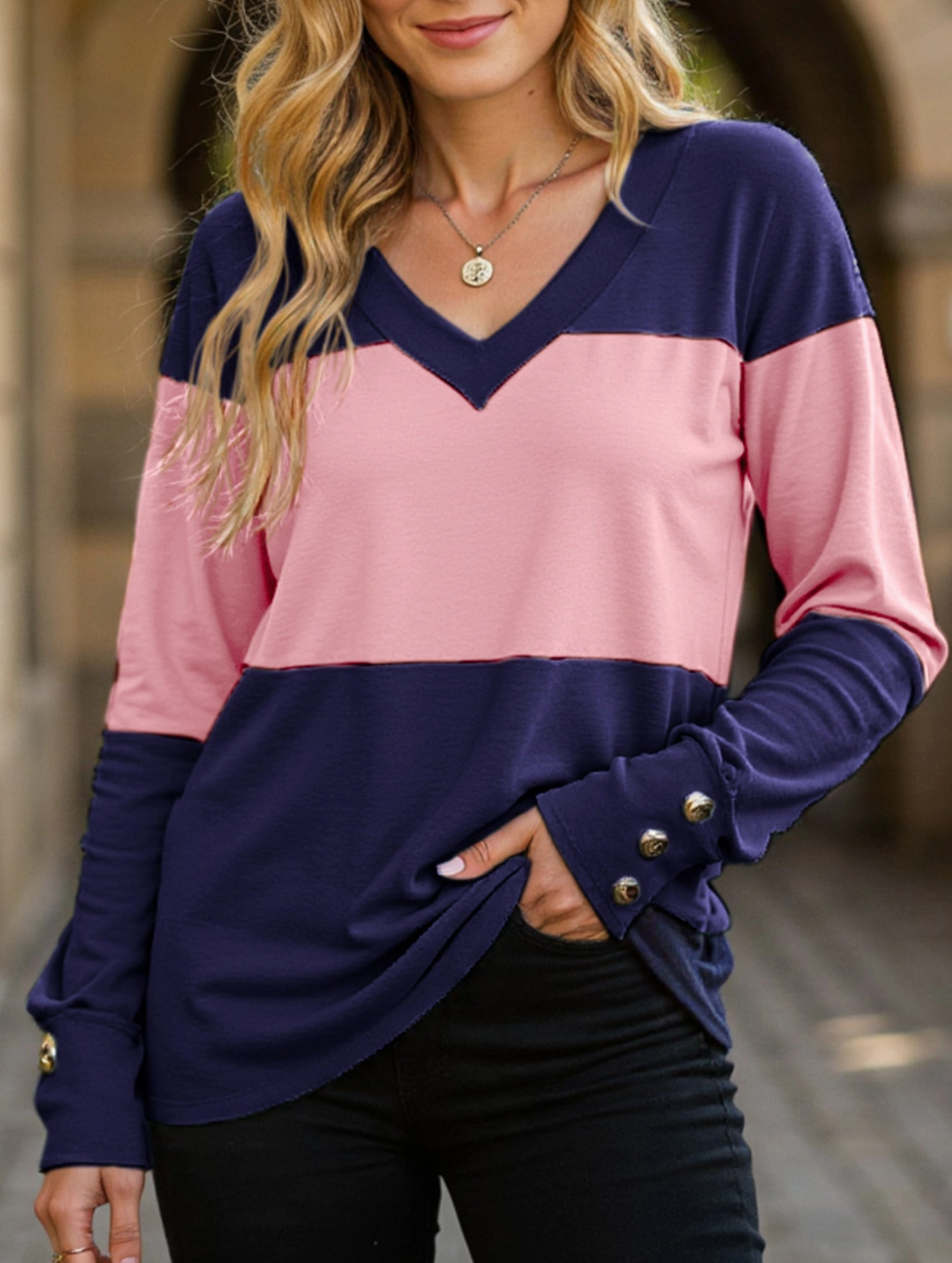 Chic Look summer top V-neck casual colorblock long-sleeved T-shirt