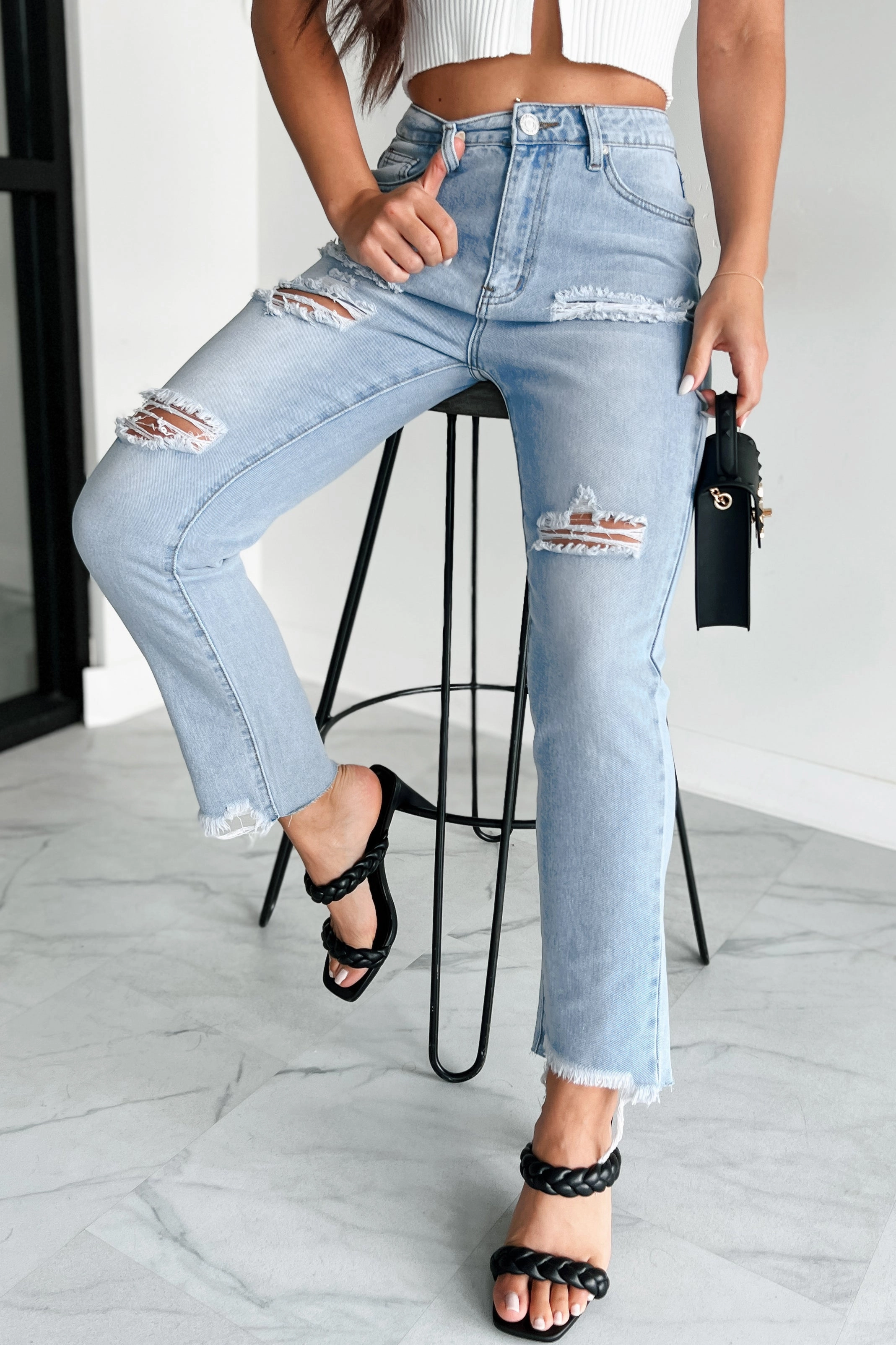 Comfy Movement Fit MoistureWickingFabric Boone High Rise Distressed Mom Jeans (Light Denim)