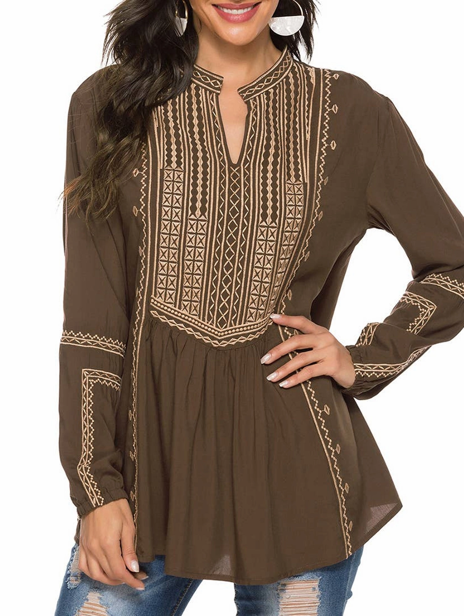 DropShoulderConstruction UV Protection COTTON LONG SLEEVE EMBROIDERED BLOUSE_CWTBLL0817