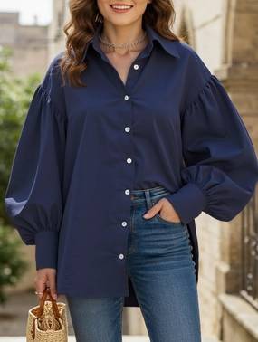 Retro solid color lapel casual shirt Double Layered Hem