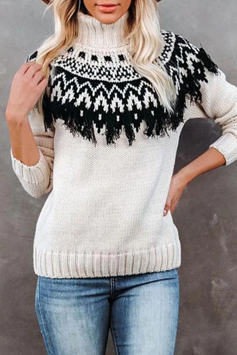 Vintage Shirt FlexFit Technology WOMEN VINTAGE TASSEL HIGH NECK BOHEMIAN SWEATER