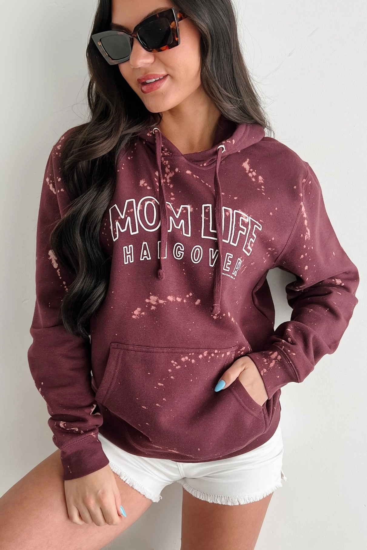 Roll Up Sleeve Design Durable Fiber Blend "MOM LIFE HANGOVER' Bleached Graphic Hoodie (Maroon)