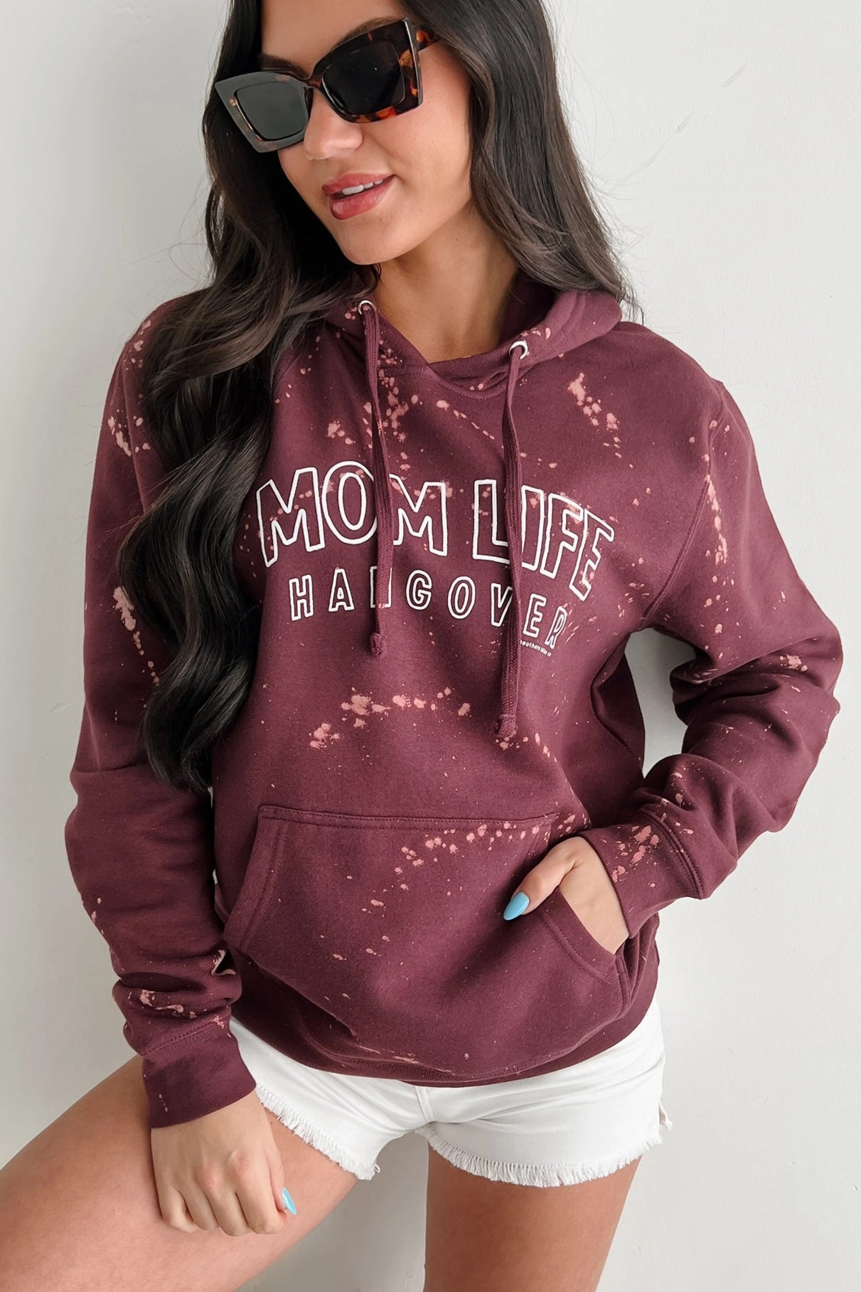 Quick Dry Blend Temperature Control Technology "MOM LIFE HANGOVER' Bleached Graphic Hoodie (Maroon)