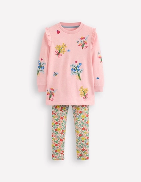 Hidden Storage Pocket Heart Pocket Tunic Set-Chalk Pink Marl Flowers