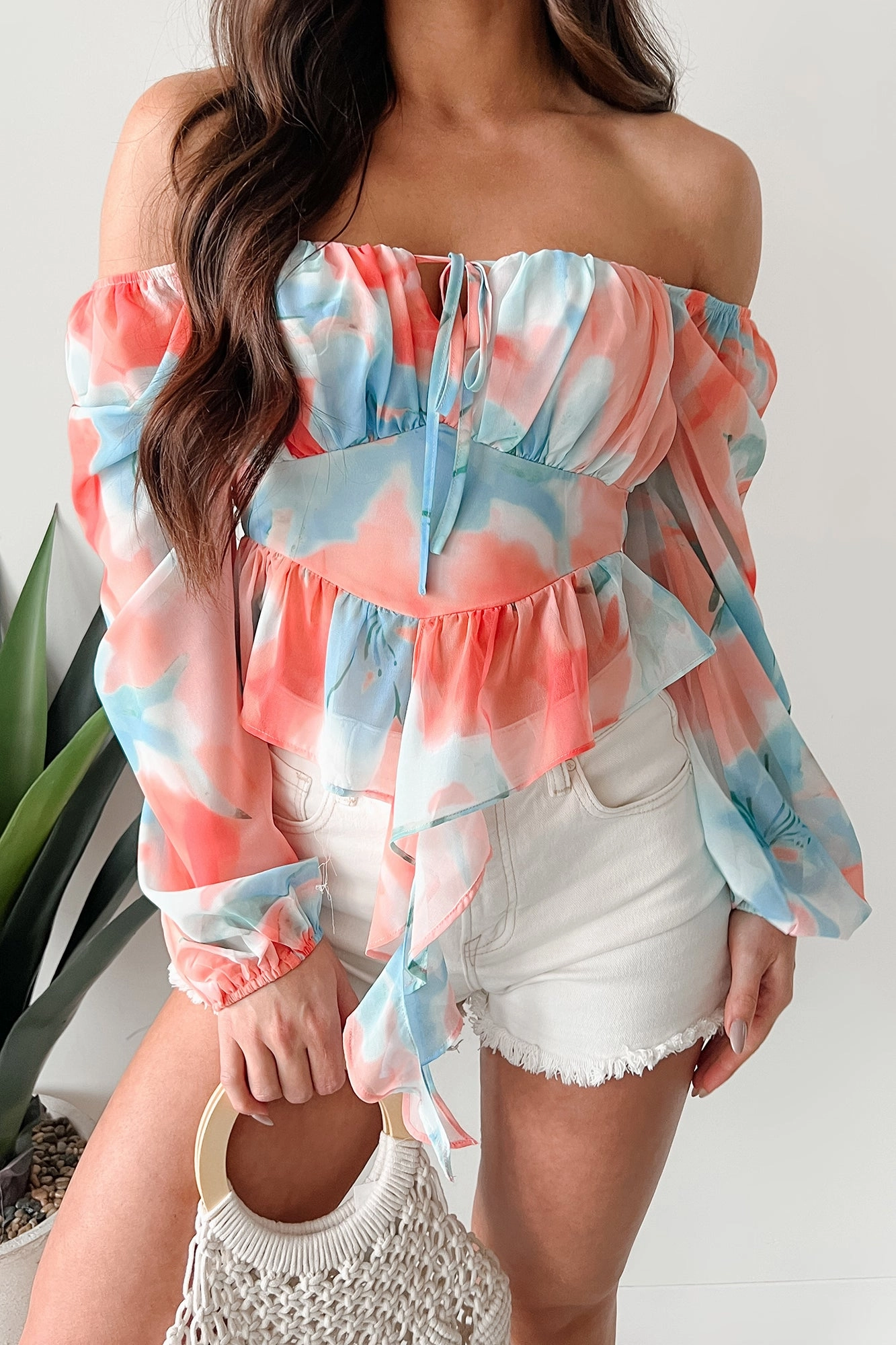 Grid Back Panel Reinforced Seams Radiate Good Vibes Pastel Tie-Dye Ruffled Top (Orange Combo)