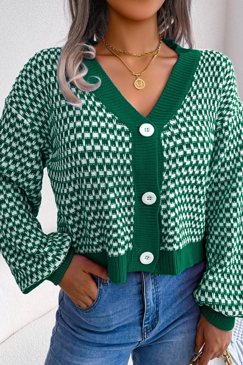 WOMEN PATCHWORK KNIT BIG BUTTON DOWN CARDIGAN VentilatedBack WaterResistant