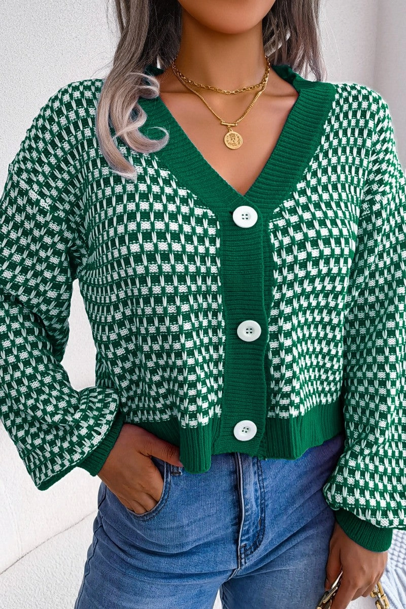 WOMEN PATCHWORK KNIT BIG BUTTON DOWN CARDIGAN MultiPocket Design