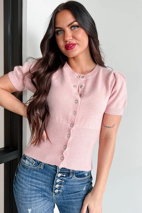 A Total Sweetie Short Sleeve Buttoned Sweater Top (Baby Pink) Ergonomic Shoulder Shape All Over Print Technique