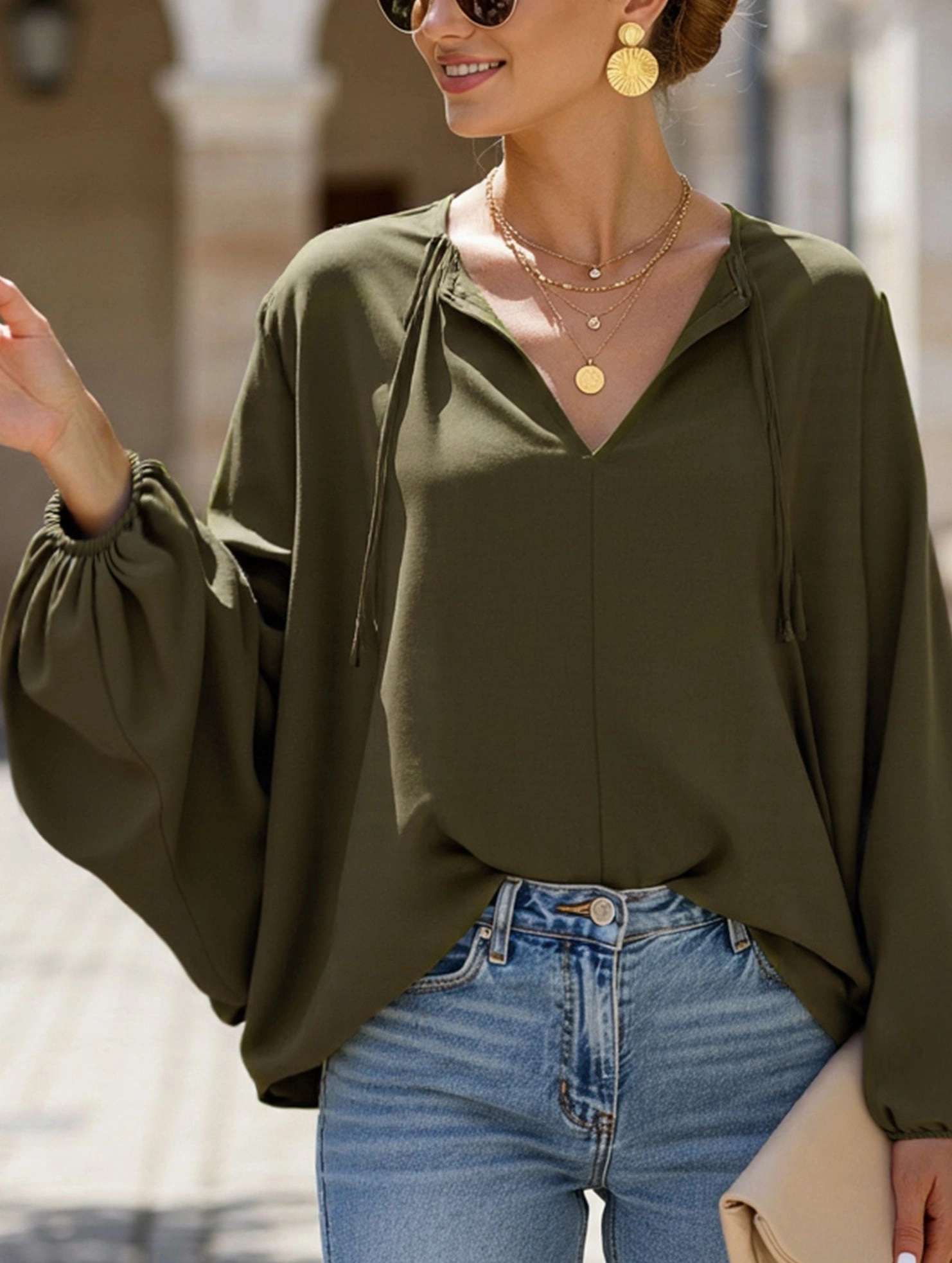 Versatile Shirt Short V-Neck Lace-Up Casual Top for Women