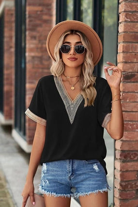 GOLD LACE POINT V NECK CHIFFON BLOUSE Eco Friendly Blend Double Stitched Hem