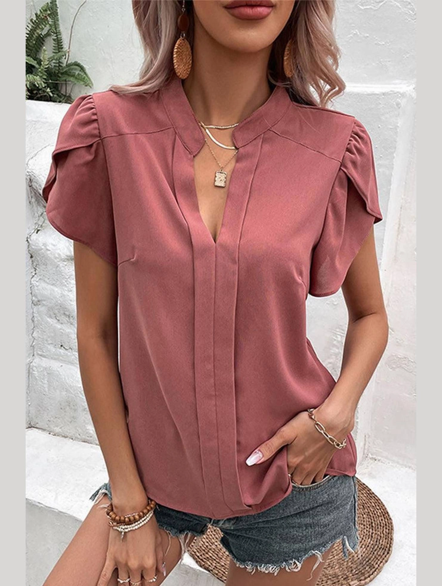WOMEN V NECK PETAL TULIP SLEEVE T SHIRT Everyday Fashion