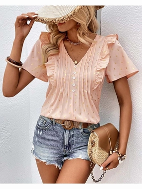 WOMEN BUTTONED V NECK RUFFLE SHORT SUMMER T SHIRT Durable Color Retention