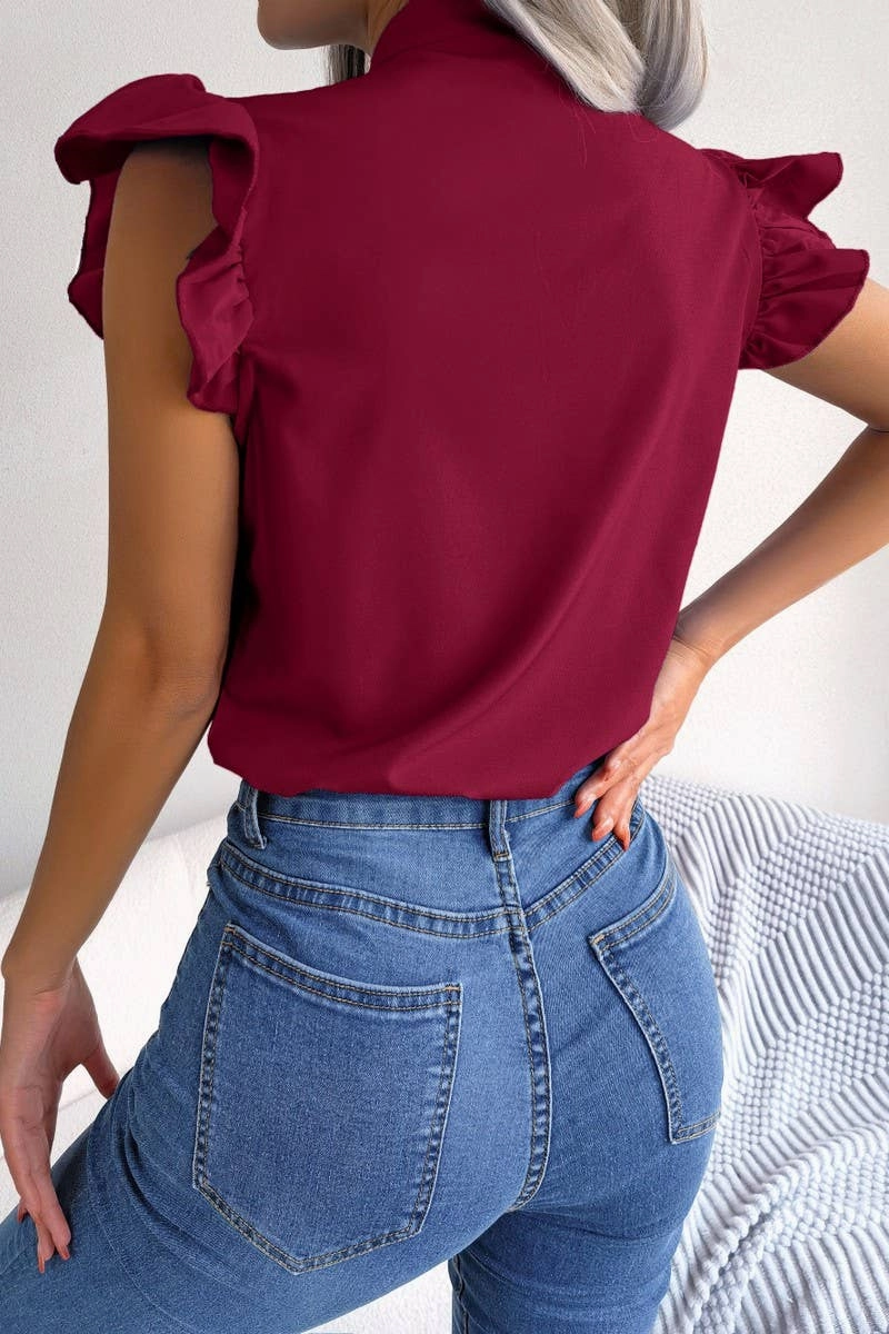 StretchMaterial Reinforced Hem Stitching AGARIC EDGE TIE BOW CHIFFON BLOUSE_CWTSTSL0033