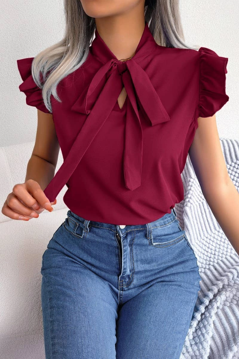 Fray Resistant Edges AGARIC EDGE TIE BOW CHIFFON BLOUSE_CWTSTSL0033