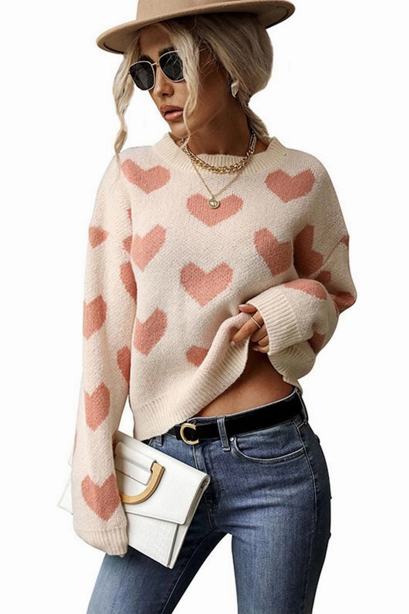 HEART PRINTING WARM CUTE SWEATER Layered Placket Design