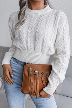 WOMEN CHUNKY CABLE KNIT RIBBED CROP SWEATER VNeckline
