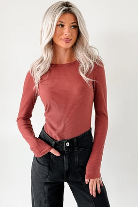 Confident Glow Long Sleeve Ribbed Bodysuit (Mahogany) QuickRelease Fastener