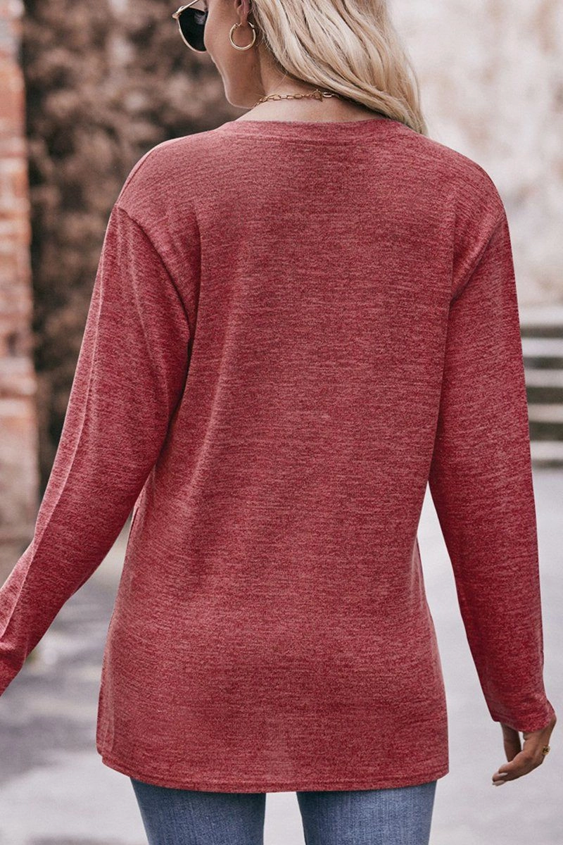 Layered Hemline WOMEN BRUSHED BUTTONED V NECK LOOSE FIT TOP