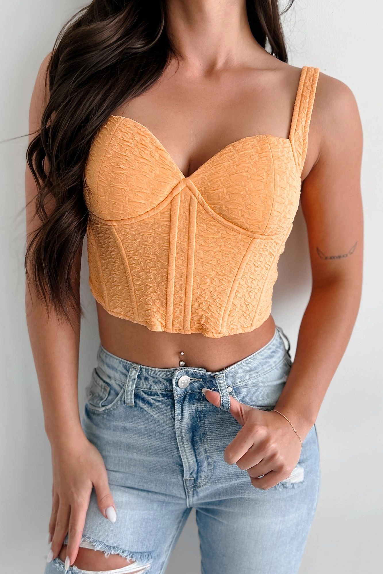 Irresistibly Me Textured Corset Top (Marigold) Anti Static Weave Technology