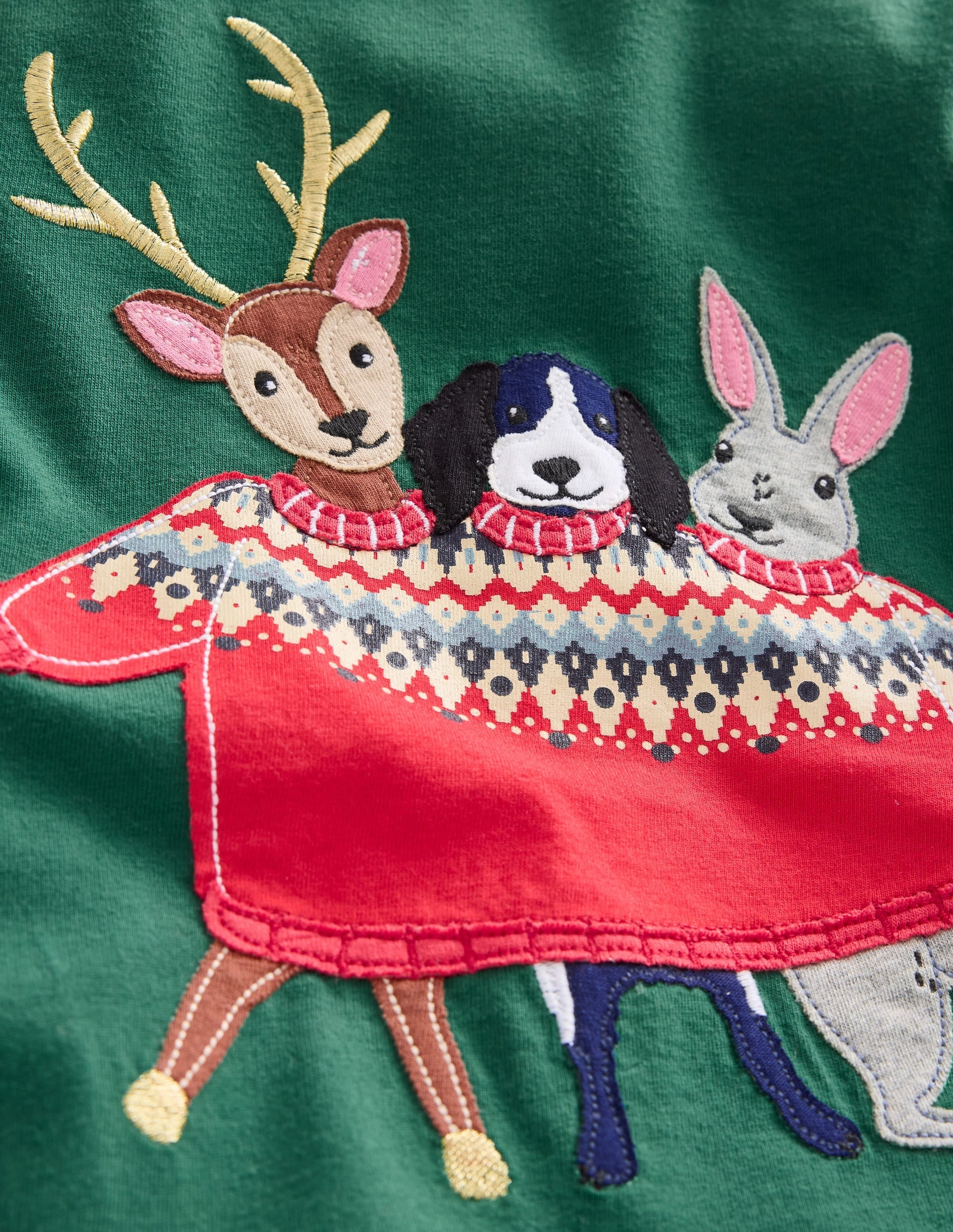 LightweightTexture Applique Mock Sleeve T-Shirt-Jewel Green Festive Animals