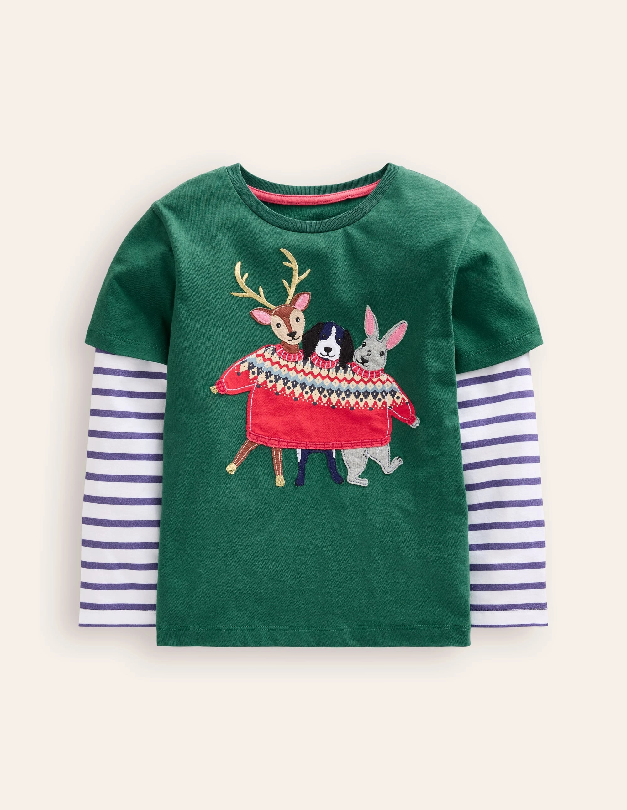 Applique Mock Sleeve T-Shirt-Jewel Green Festive Animals Fray Resistant Edges