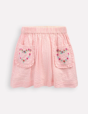 Elastic hem Senior Style Applique Pocket Skirt-Cosmos Pink Daisy Chain