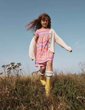 Lightweight and Breezy Mermaid-Hem Ariel Twirly Jersey Dress-Cosmos Pink Floral Stripe