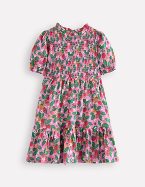 Aurora Shirred Twirly Dress-Cosmos Pink Strawberry Patch Office Classic Festive Wear